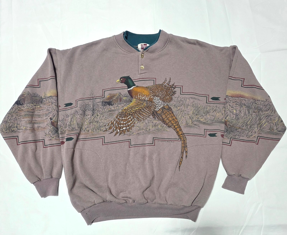Vintage Art Unlimited Flying Pheasant Henley Sweatshirt XL Bonnie Kasper Art USA